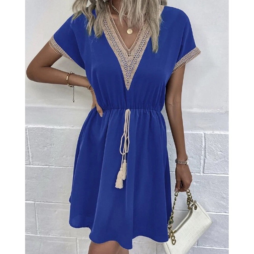 Women's S/M Blue‎ V Neck Lace Dress Summer Beach Tassels Beachy Cover Up Resort